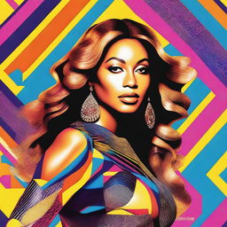 A vibrant and stylish poster of Beyonce, showcasing her powerful presence and iconic fashion sense