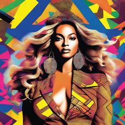 A vibrant and stylish poster of Beyonce, showcasing her powerful presence and iconic fashion sense