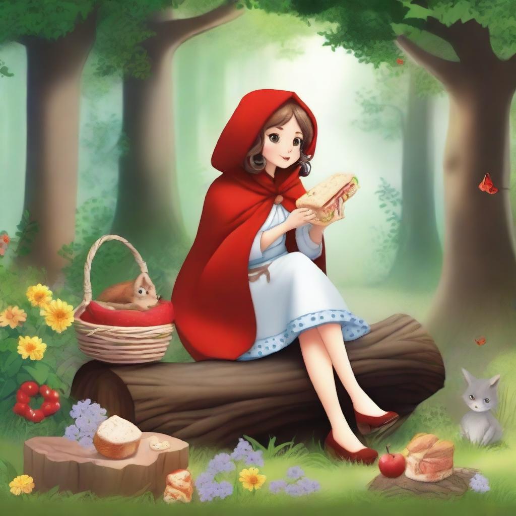 A whimsical scene featuring Red Riding Hood enjoying a ham and swiss sandwich in a peaceful forest setting