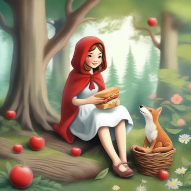 A whimsical scene featuring Red Riding Hood enjoying a ham and swiss sandwich in a peaceful forest setting