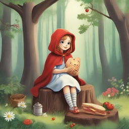 A whimsical scene featuring Red Riding Hood enjoying a ham and swiss sandwich in a peaceful forest setting