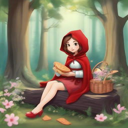 A whimsical scene featuring Red Riding Hood enjoying a ham and swiss sandwich in a peaceful forest setting