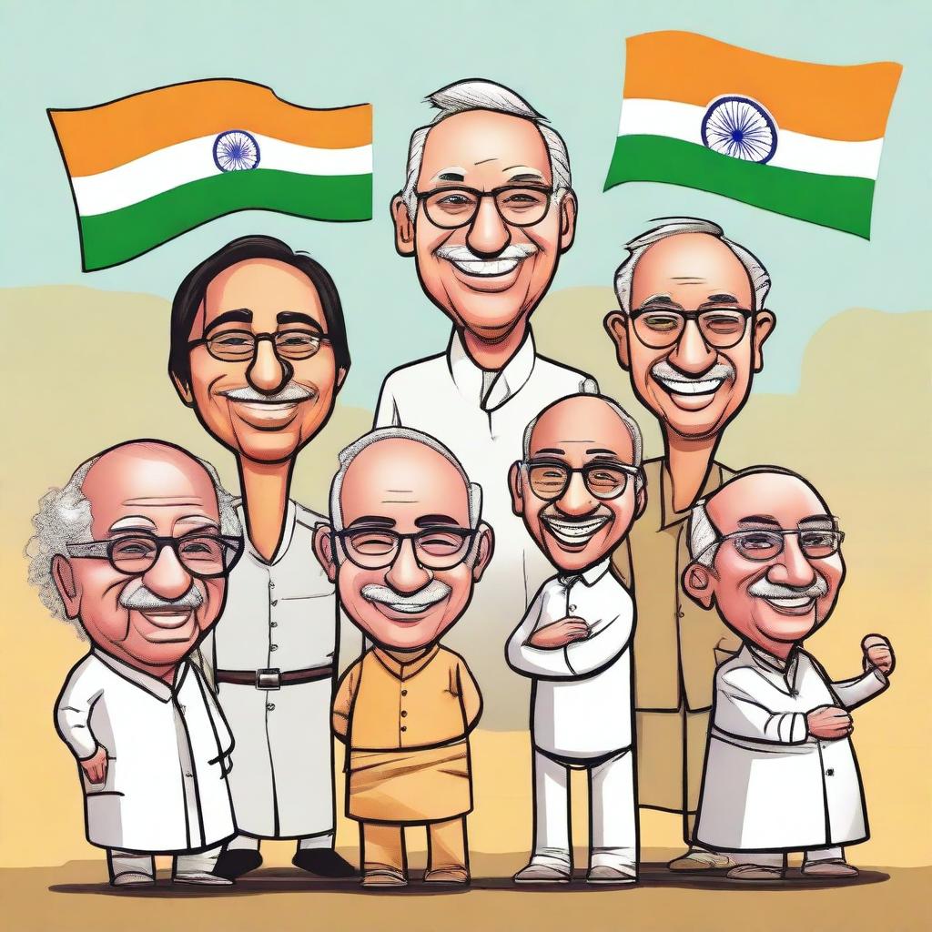 Create a comic book cover on an A3 size sheet featuring five caricatures representing democratic India