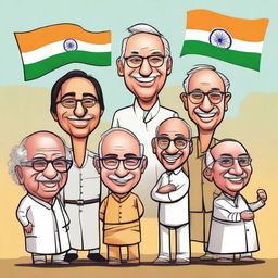 Create a comic book cover on an A3 size sheet featuring five caricatures representing democratic India