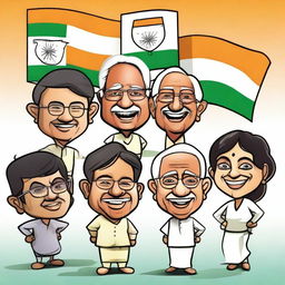 Create a comic book cover on an A3 size sheet featuring five caricatures representing democratic India