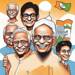 Create a comic book cover on an A3 size sheet featuring five caricatures representing democratic India