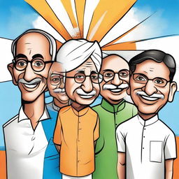 Create a comic book cover on an A3 size sheet featuring five caricatures representing democratic India