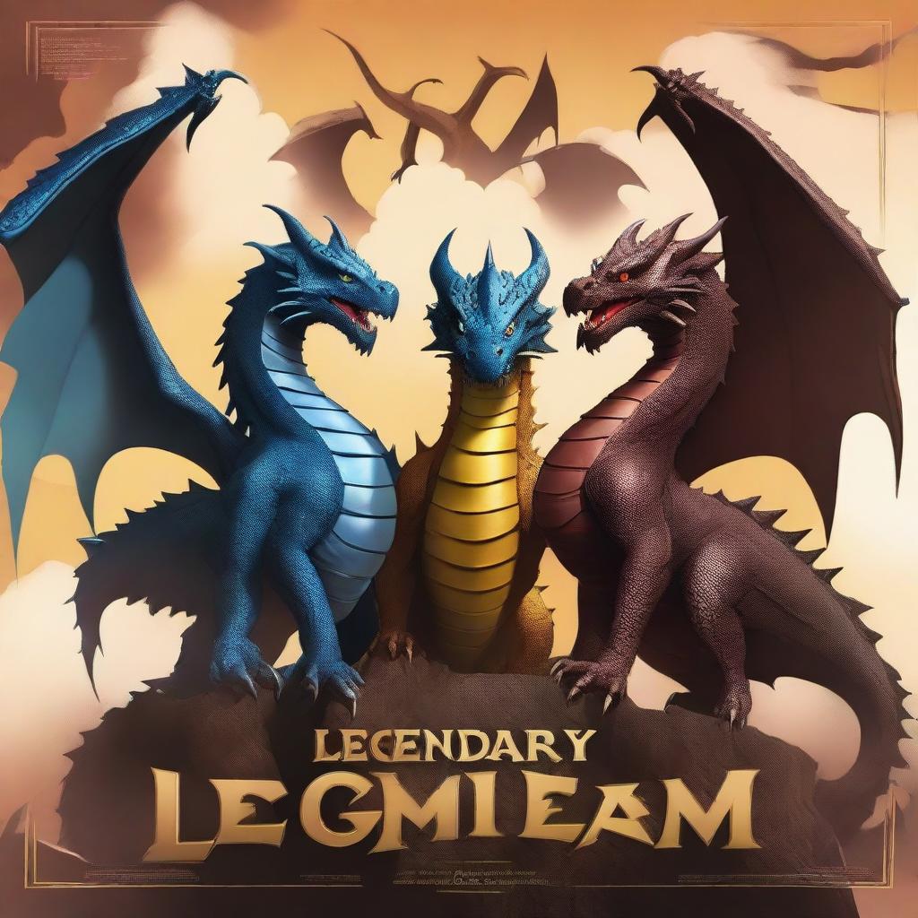 Create a movie poster titled 'Legendary Dragon Team' featuring three dragons in the background