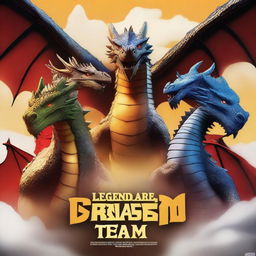 Create a movie poster titled 'Legendary Dragon Team' featuring three dragons in the background