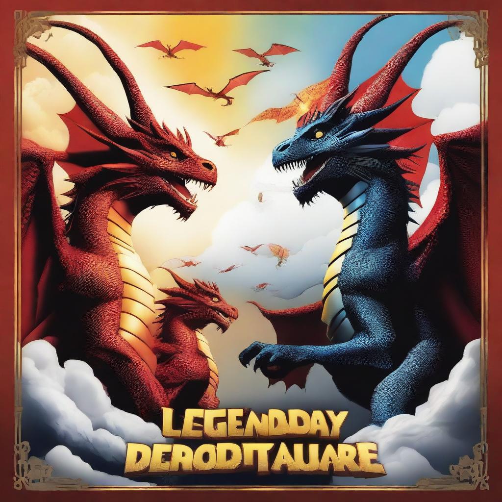 Create a movie poster titled 'Legendary Dragon Team' featuring three dragons in the background