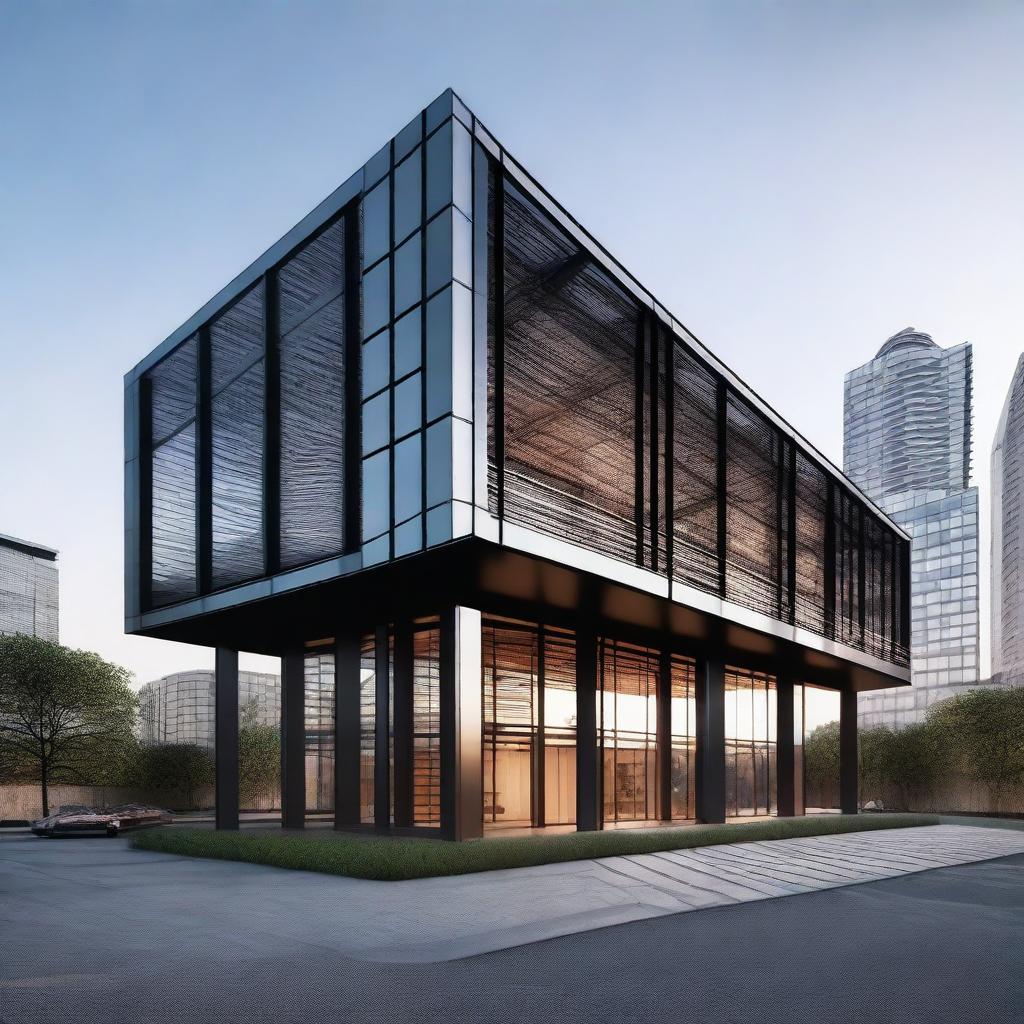 A detailed and realistic depiction of a sleek, modern steel structure standing silently in an urban environment