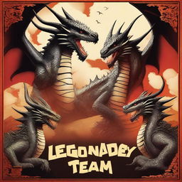 Create a movie poster titled 'Legendary Dragon Team' featuring three dragons in the background