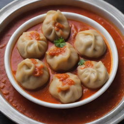 A well-cooked, tempting Nepalese Momo (Dumpling) served with spicy tomato sauce