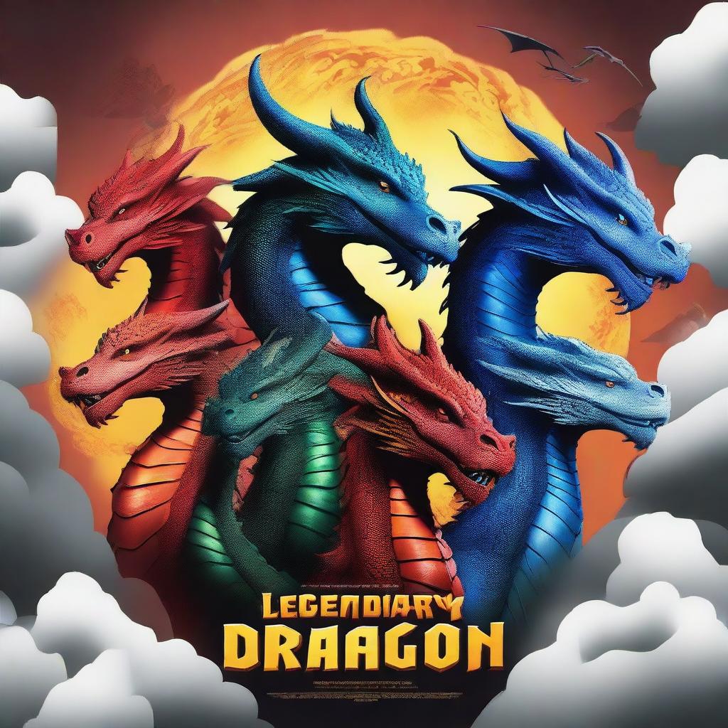 Create a movie poster titled 'Legendary Dragon Team' featuring three dragons in the background