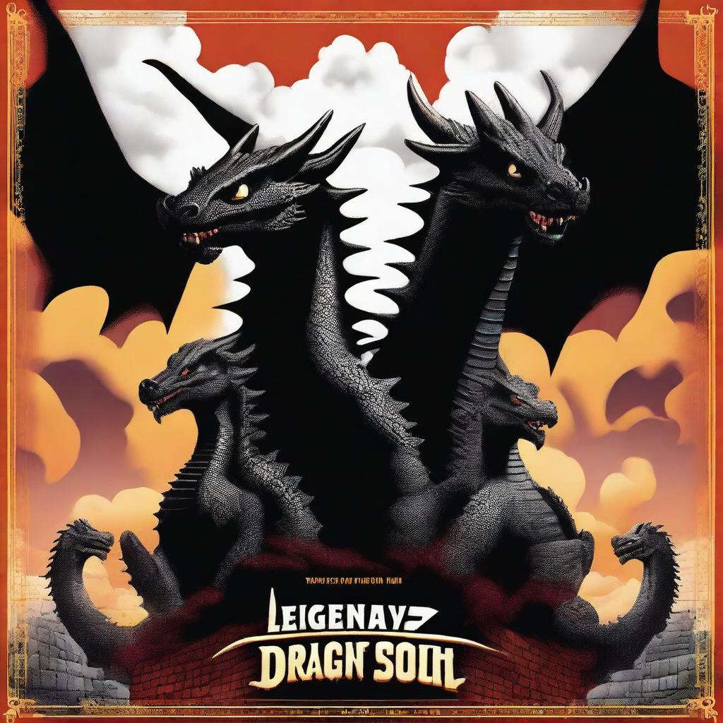 Create a movie poster titled 'Legendary Dragon Team' featuring three dragons in the background