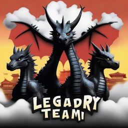 Create a movie poster titled 'Legendary Dragon Team' featuring three dragons in the background