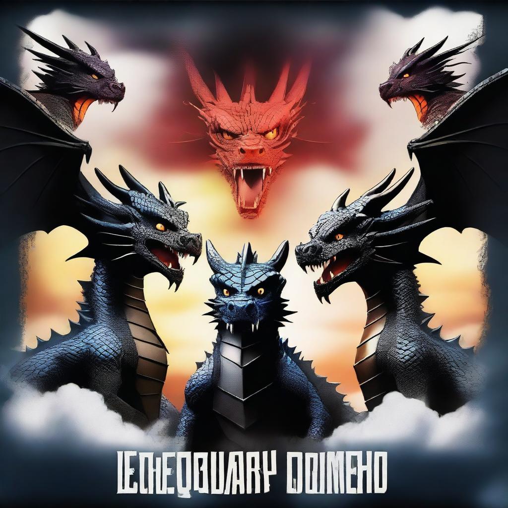 Create a movie poster titled 'Legendary Dragon Team' featuring three dragons in the background