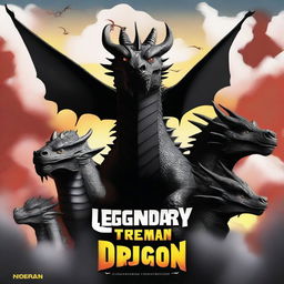 Create a movie poster titled 'Legendary Dragon Team' featuring three dragons in the background