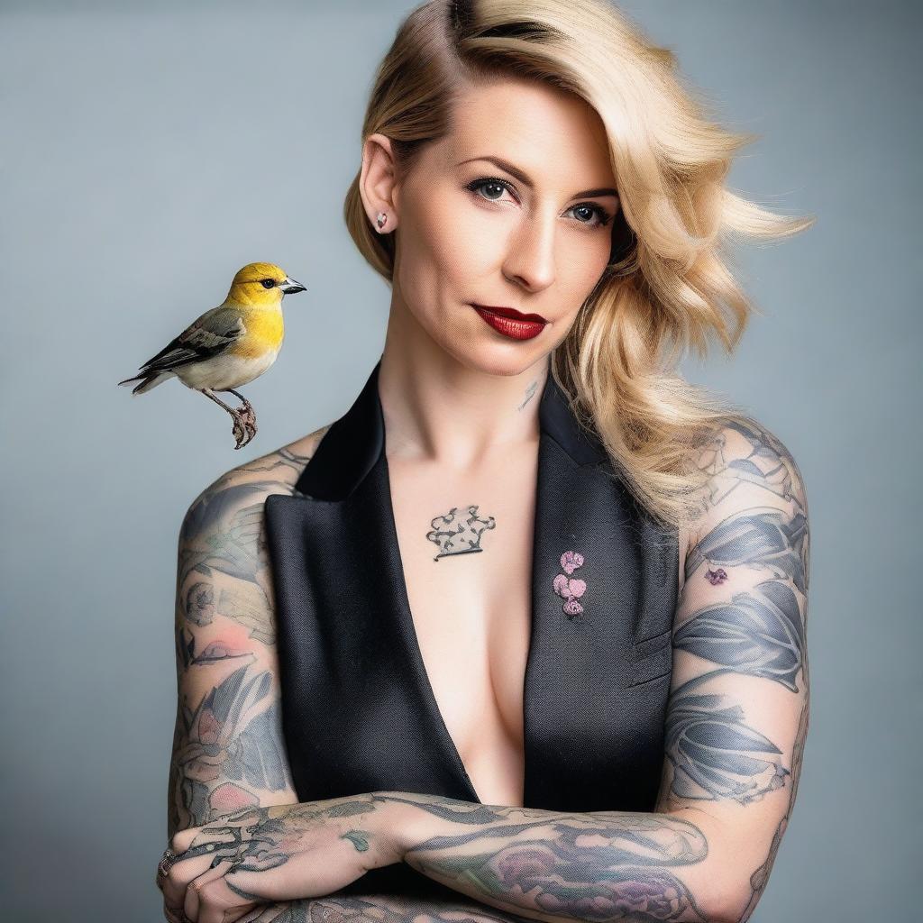 A 35-year-old woman with medium blonde hair, a small bird tattoo on her hand, dressed in a stylish outfit