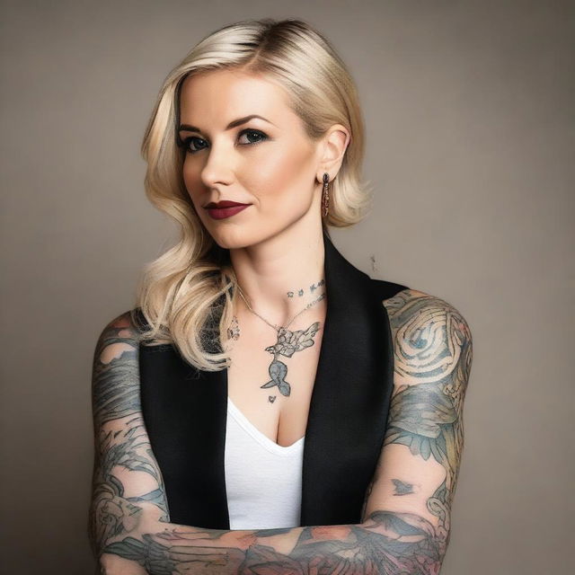 A 35-year-old woman with medium blonde hair, a small bird tattoo on her hand, dressed in a stylish outfit