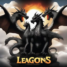 Create a movie poster titled 'Legendary Dragon Team' featuring three dragons in the background