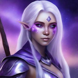 Realistic fantasy digital art of a young, female half elf drow ranger