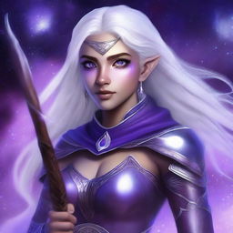 Realistic fantasy digital art of a young, female half elf drow ranger