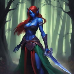 A female Drow with blue skin and a red Draconian bloodline