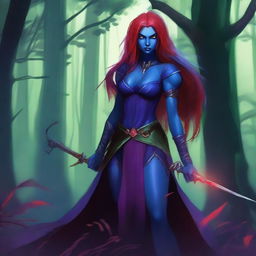 A female Drow with blue skin and a red Draconian bloodline