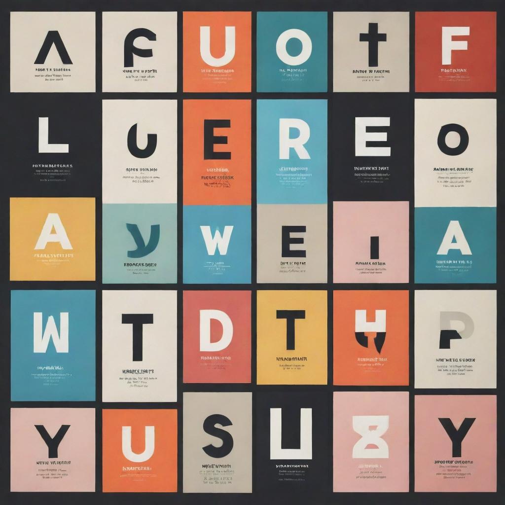 An array of unique and dynamic typography styles showcasing different fonts, sizes, and colors against a minimalist background.