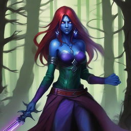 A female Drow with blue skin and a red Draconian bloodline