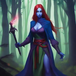 A female Drow with blue skin and a red Draconian bloodline