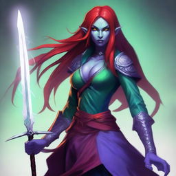 A female Drow sorcerer with light blue skin and a red Draconian bloodline