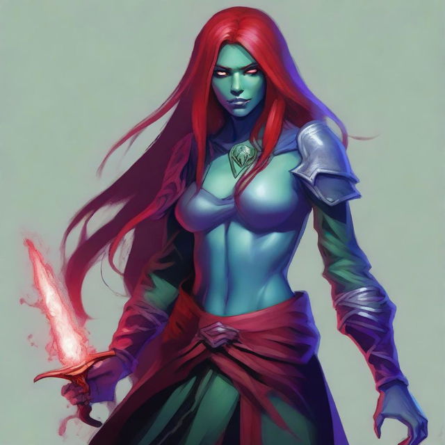 A female Drow sorcerer with light blue skin and a red Draconian bloodline