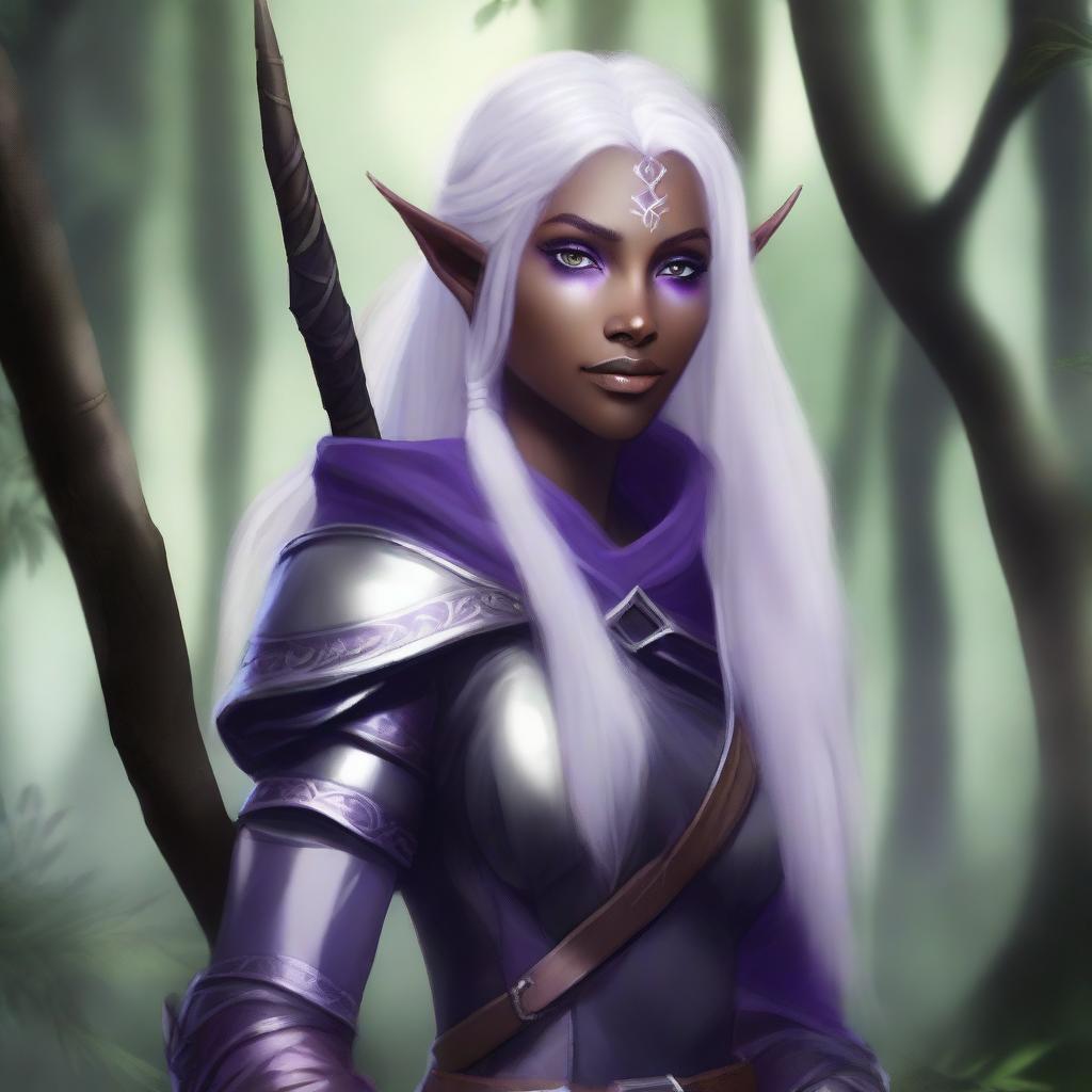 Digital art of a young, female half elf drow ranger