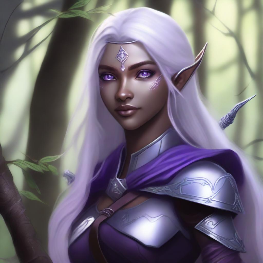 Digital art of a young, female half elf drow ranger