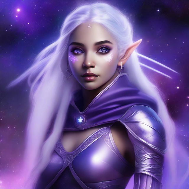 Realistic fantasy digital art of a young, female half elf drow ranger