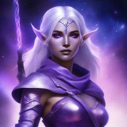 Realistic fantasy digital art of a young, female half elf drow ranger