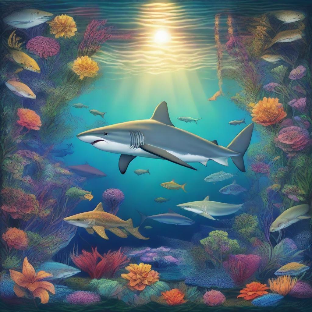 A majestic shark depicted in the style of Pre-Raphaelite art, with intricate details and vibrant colors