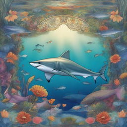 A majestic shark depicted in the style of Pre-Raphaelite art, with intricate details and vibrant colors