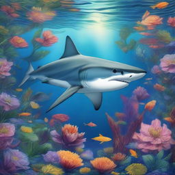 A majestic shark depicted in the style of Pre-Raphaelite art, with intricate details and vibrant colors