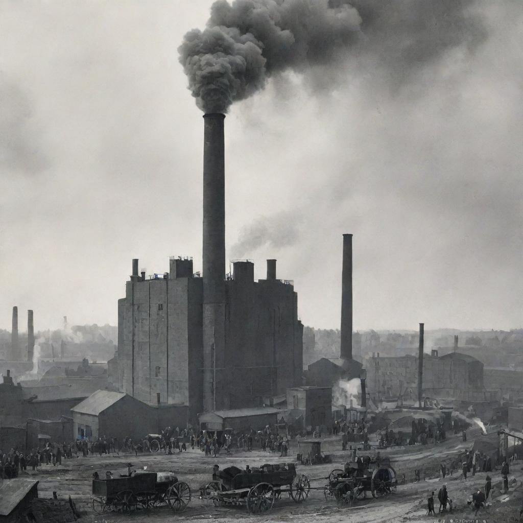 An active factory during the Industrial Revolution with thick smoke billowing from chimneys, people working, steam engines running and iron structures