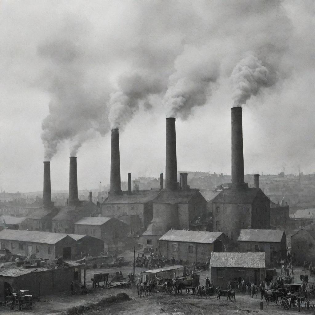 An active factory during the Industrial Revolution with thick smoke billowing from chimneys, people working, steam engines running and iron structures