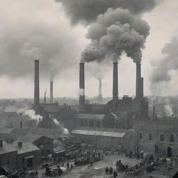 An active factory during the Industrial Revolution with thick smoke billowing from chimneys, people working, steam engines running and iron structures