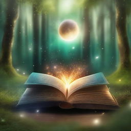 Create a captivating book cover featuring an open book with magical light emanating from its pages