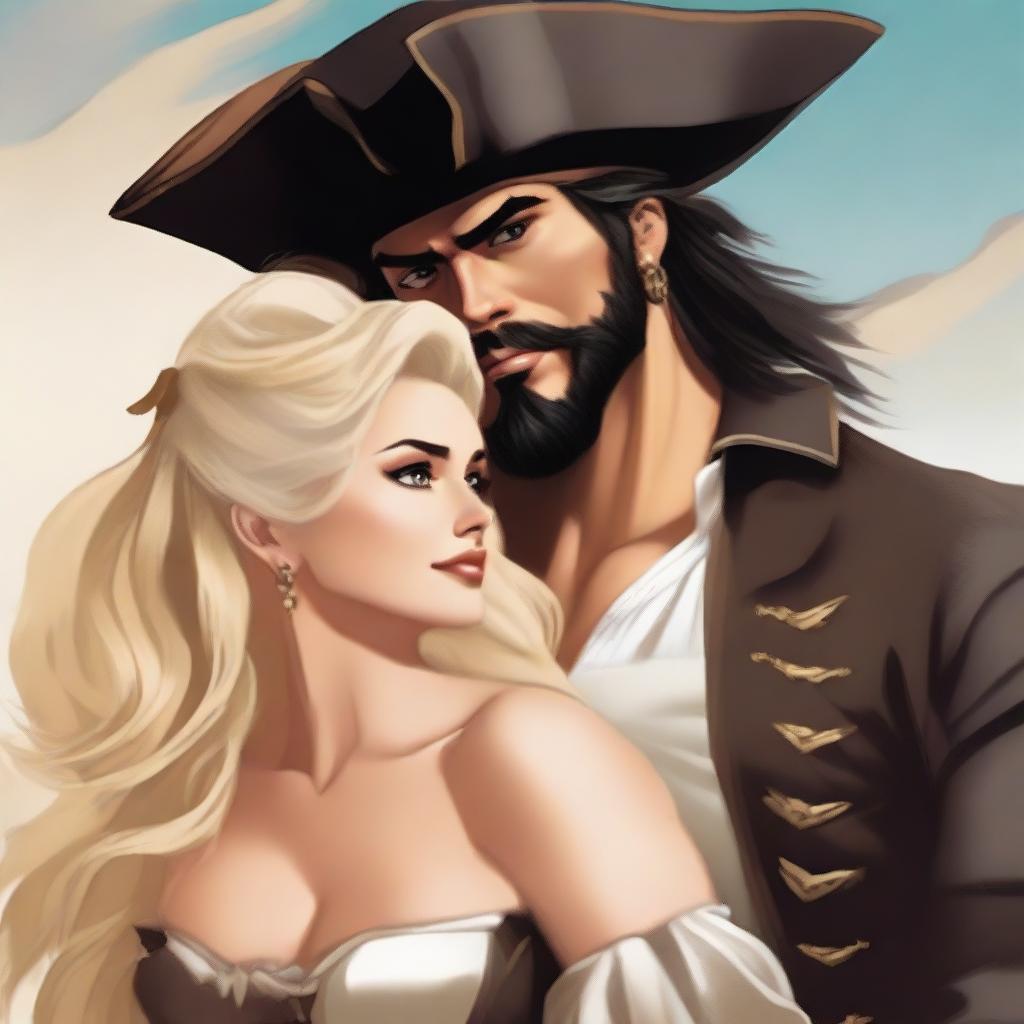 A handsome, muscular dark-haired pirate with a pretty blonde woman thrown over his shoulder