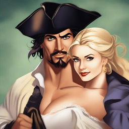 A handsome, muscular dark-haired pirate with a pretty blonde woman thrown over his shoulder