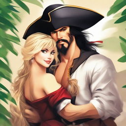 A handsome, muscular dark-haired pirate with a pretty blonde woman thrown over his shoulder