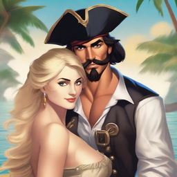 A handsome, muscular dark-haired pirate with a pretty blonde woman thrown over his shoulder