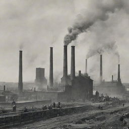 An active factory during the Industrial Revolution with thick smoke billowing from chimneys, people working, steam engines running and iron structures